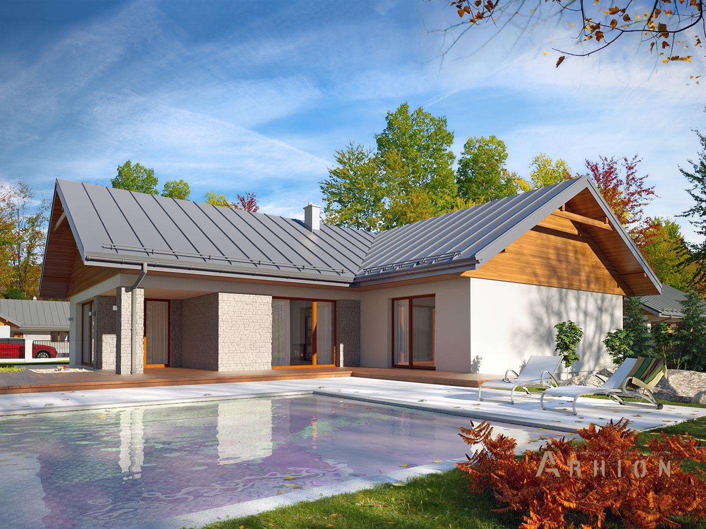 3. Проект одноэтажного дома в европейском стиле с плоской кровлей , R-14-20, площадью - 135 кв c терассой, гаражом